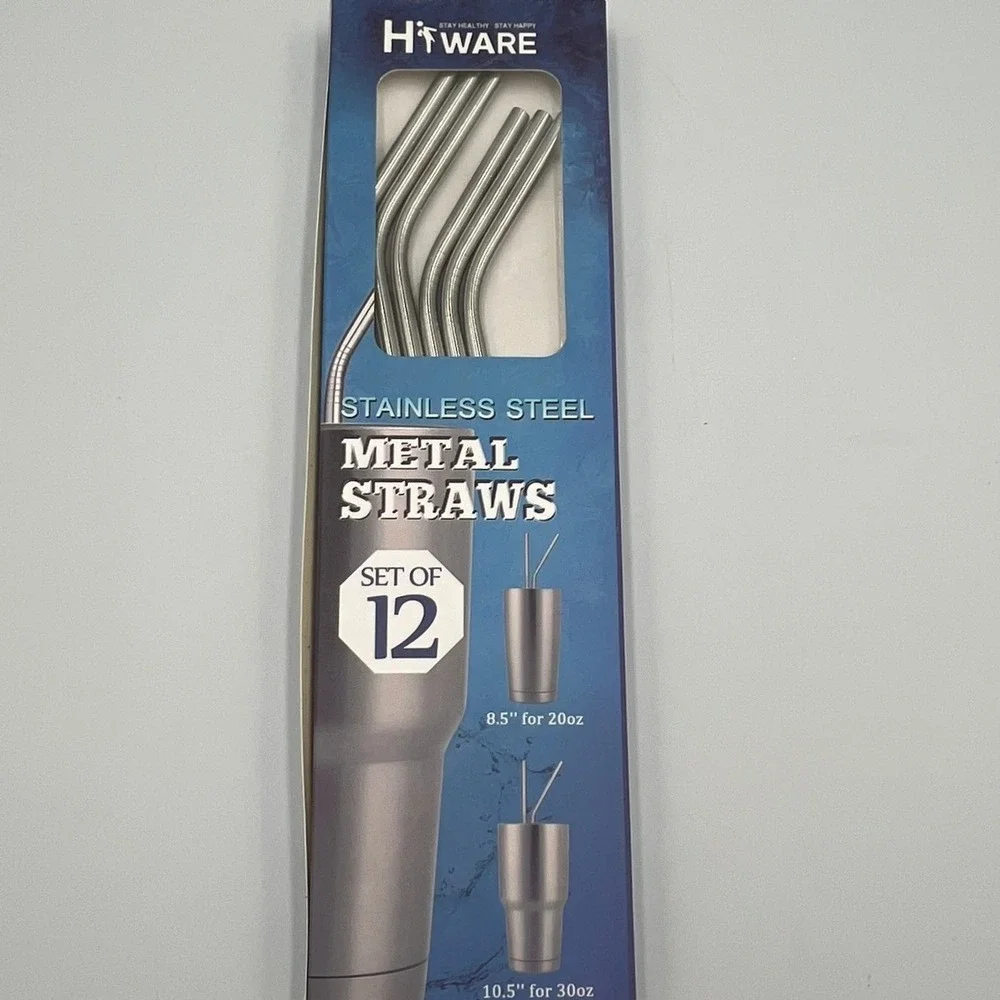Hiware Metal Straws Set 12pc Silver Stainless Steel Reusable New